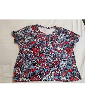 Kim Rogers Red and Blue Paisley Short Sleeve Top